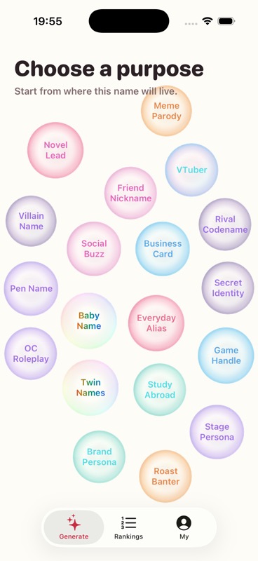 Écran de génération JP Name avec des bulles d'usage colorées.